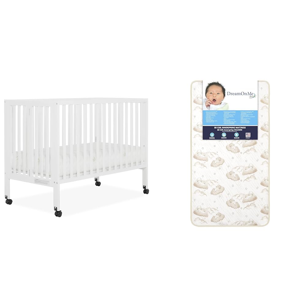 Dream On Me Quinn Full-Size Folding Crib in White, Removeable Wheels & Foam 2-in-1 Breathable Twilight 5" Spring Coil Crib and Toddler Bed Mattress Firm