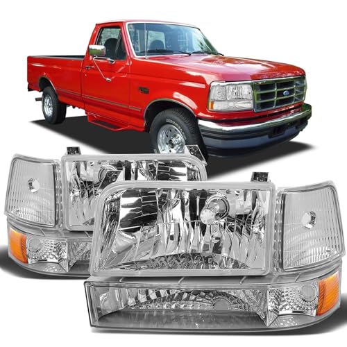 Cxdar Headlights Assembly Compatible with Ford Bronco F150 F250 F350 Super Duty 1992-1996 Headlights Pickup Headlamps w/Bumper Lights and Corner Lights Chrome Housing Amber Reflector