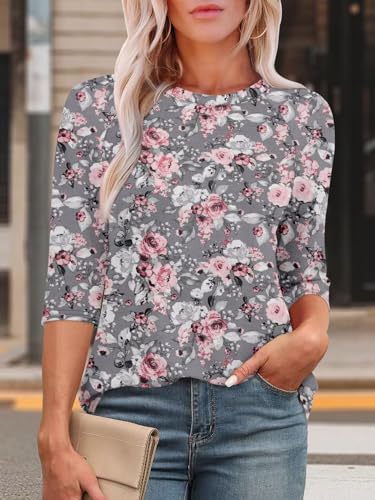 KISSMODA Tunic Tops for Women Loose Fit Dressy Round Neck Pleated 3/4 Length Sleeve Spring Tops