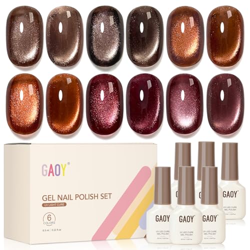 GAOY Glitter Cat Eye Gel Nail Polish Set with Magnet 6 Brown Gold Purple Shades Holographic Shimmer UV Soak Off Gel Polish for Salon & Home Nail Art