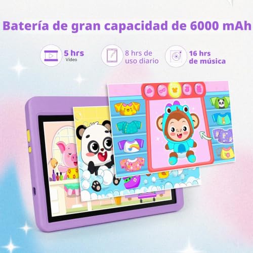 Tablet para Niños 10 Pulgadas, Tablet Infantil Android 16 Cinco Núcleos, 24GB RAM 128GB ROM, Pantalla IPS HD 1280×800, Batería 6000mAh, Control Parental, WiFi 6 Bluetooth (Morado) 6