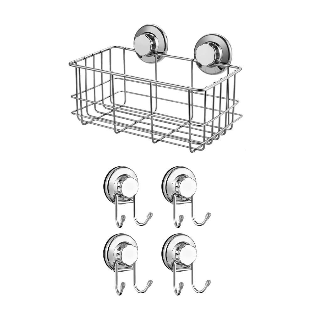 SANNO Suction Cup Shower Caddy Bath Wall Shelf Deep Bathroom Basket Vacuum Suction Cup Hooks