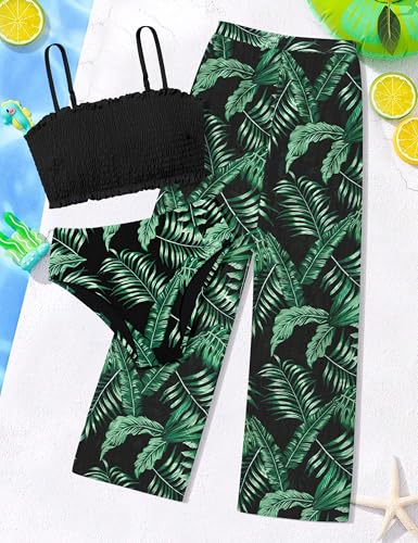 Image of NECIOUS Girls Swimsuit, 3 Piece Bikini Bathing Suit Tropical Floral Swimwear with Cover Up Pants 7-16Y