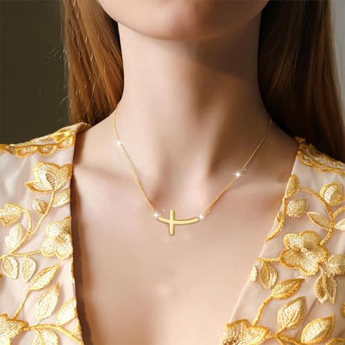 Image of Ladytree 925 Sterling Silver Concise Sideways Cross Pendant Necklace Choker for Women Christian Jewelry