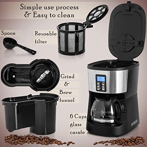 Image of Mixpresso 5-Cup Drip Coffee Maker, Automatic Brew Coffee Pot Machine with Built-In Burr Coffee Grinder, Programmable Smart Coffee Maker with Timer With Glass Carafe Coffee Pot