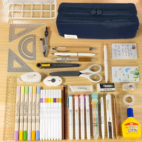 Image of Pencil Case Large Capacity Pencil Pouch Pen Bag with Extendable Big Compartment, Double Zipper Pencil Pouch School Office Stationery Organizer Bag for Girls Boys Teen Adults Men Women (Navy Blue)