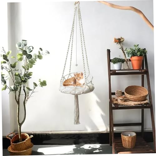 Hamaca para gatos de macramé bohemio, cama colgante de 16x51 pulgadas con bola de juego interior 3