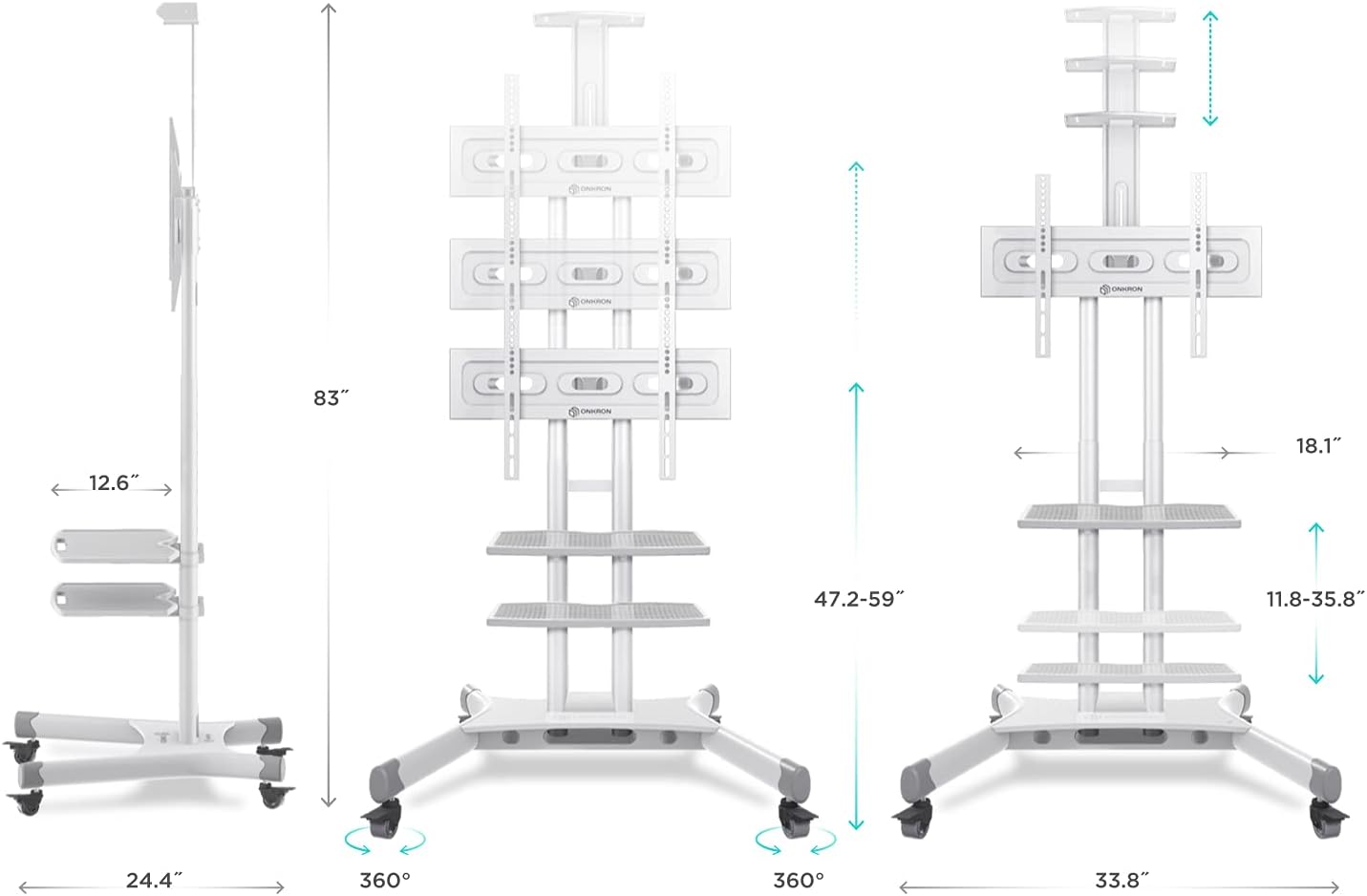 ONKRON Mobile TV Stand Rolling TV Cart with Wheels & 2 AV Shelves for 40" - 70 inch LCD LED OLED Flat Panel Plasma Screens up to 100 lbs White TS1552 : Office Products