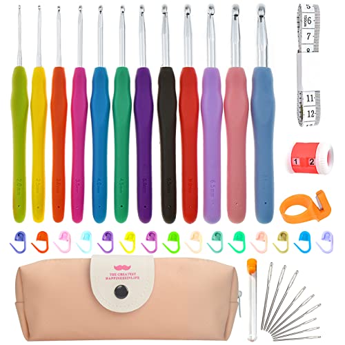 Crochet Hooks Set, RealPlus 12 PCS 2mm(B)-8mm(N) Ergonomic Crochet Hooks Set for Arthritic Hands, Ergonomic Soft Grip Handles, Crochet Kit for Beginners, Large Crochet Needle with Pink Case