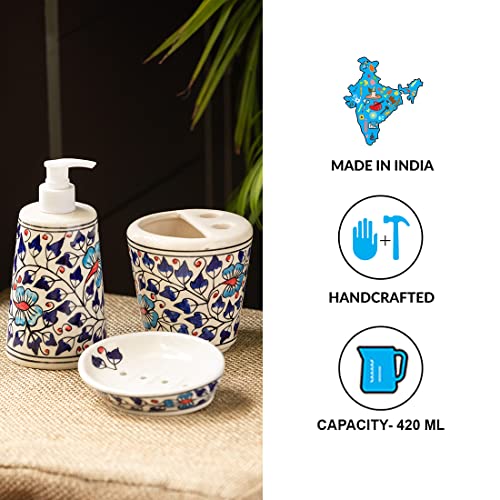 Image of ExclusiveLane 'Floral Feels' 3 Handpainted Piece Ceramic Bathroom Accessories Set of 3 (Soap Tray, Ceramic Toothbrush Holder for Bathroom, Liquid Soap Dispenser For Bathroom) |Soap Holder for Bathroom
