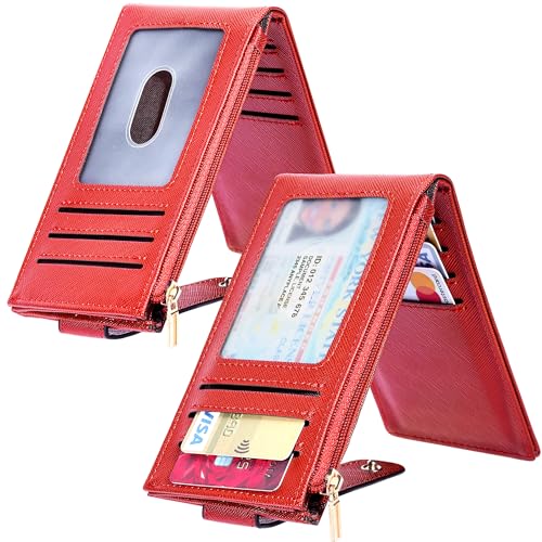 Image of Chelmon Women's RFID Slim Card Holder Wallet | Thin Bifold Multi Card Case with Zipper Coin Pocket Purse for Women(Red)