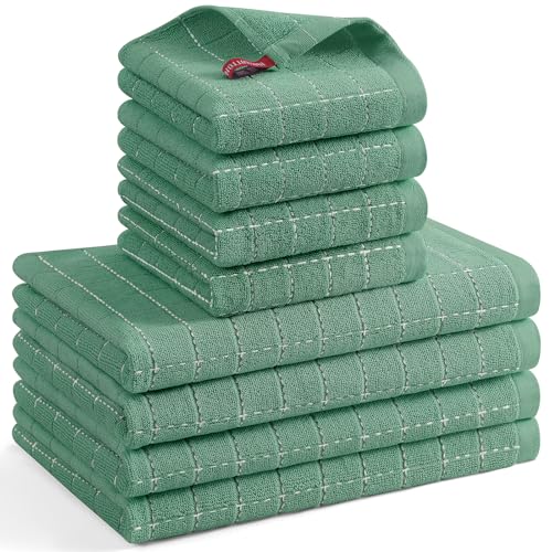 Mordimy Cotton Kitchen Towels and Dishcloths Sets, 8 Pack, Grass Green