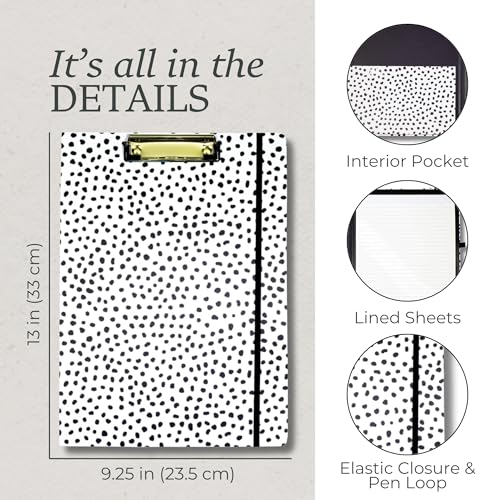 Steel Mill & Co Cute Clipboard Folio with Refillable Lined Notepad and Interior Storage Pocket, Black and White Padfolio for Work, Black Dots - Thumbnail 5