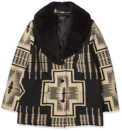 Pendleton Women's Wahkeena Shearling Collar Coat, Black/Tan Harding Jacquard, LG