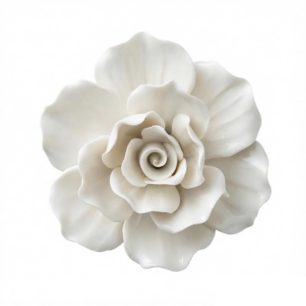 AMERRY White, Rose, 3.54",Ceramic Flowers Wall Art,3D Artificial Flower Wall Art Décor ，Handmade Wall Art Hanging Sculpture， Porcelain Flower Wall Décor for Home，Hallway