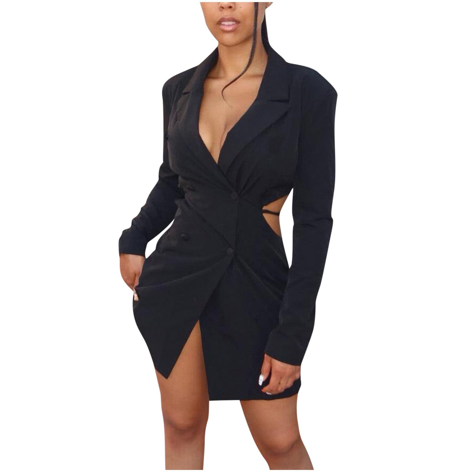 HGps8w Womens Sexy Cutout Waist Blazer Dresses Double Breasted Long Sleeve V Neck Suit Jacket Mini Dress