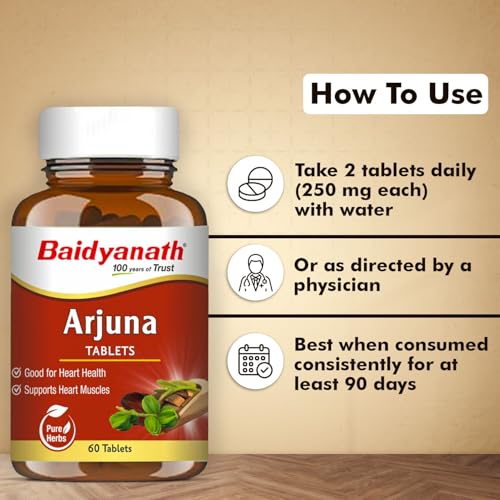 Image of Baidyanath Ayurved Arjuna Tablet 60 | Arjuna Bark Extract Supplement | Heart Health, Cholesterol Control, BP Management | Pure Ayurvedic Formula | No Side Effects