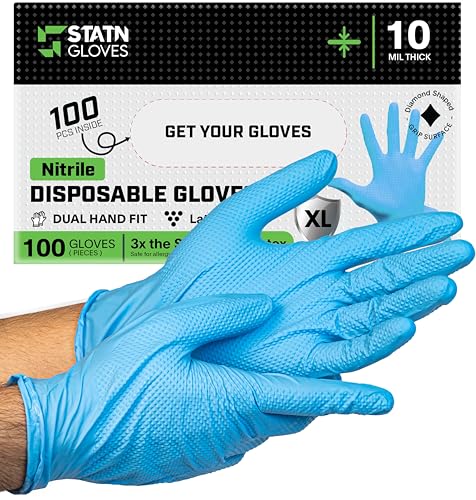 Staten tools 10 Mil Nitrile Non-Sterile Mechanics Gloves | Heavy Duty Disposable | Diamond Texture | Latex Free | Blue | Medium