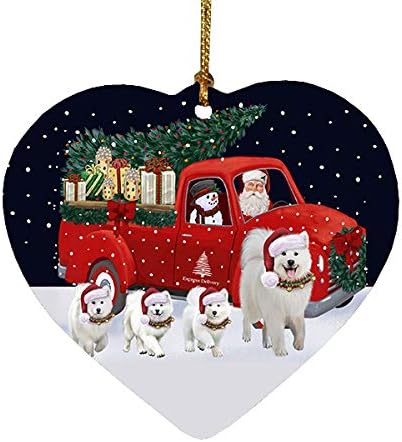 Christmas Express Delivery Red Truck Running Samoyed Dogs Heart Christmas Ornament RFPOR58116