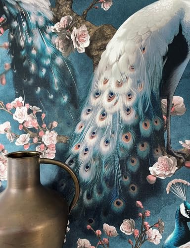 NEWROOM Papel pintado Azul Pavo Real Tejido no Tejido - Moderno Rosa Blanco Flores Ramas Animales