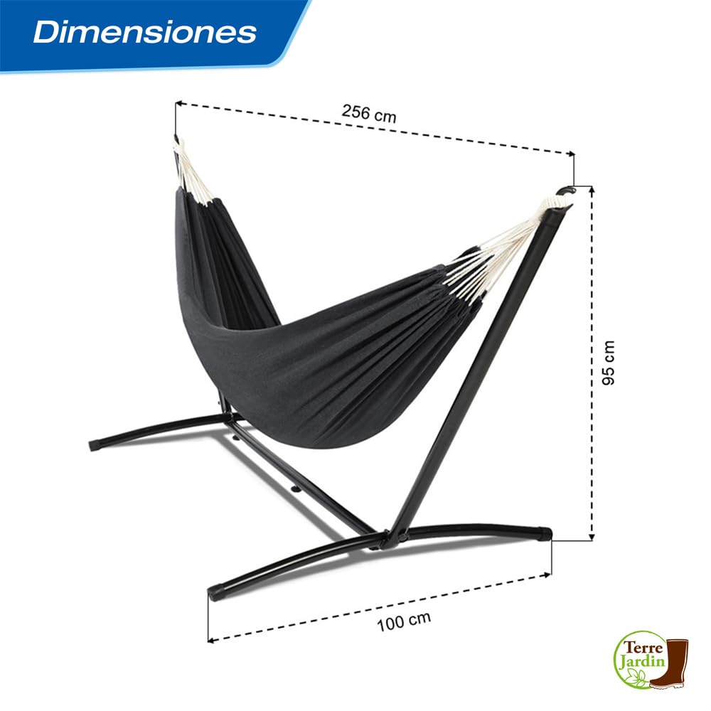 TERRE JARDIN - Hamaca con Soporte, de Metal, Carga Máx 130 kg - Hamaca con Soporte, Lona de Tela de Poliéster, Negra - Hamaca Colgante Jardín Balcón Exterior y Terraza - Resistente al Agua