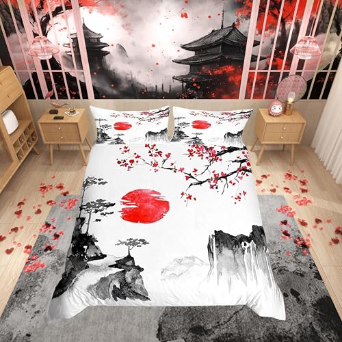 Juego de ropa de cama japonesa Ukiyoe con diseño de flores de cerezo, sol rojo, funda de edredón para niños, estilo exótico japonés, lino, ropa de cama de 3 piezas, tamaño individual