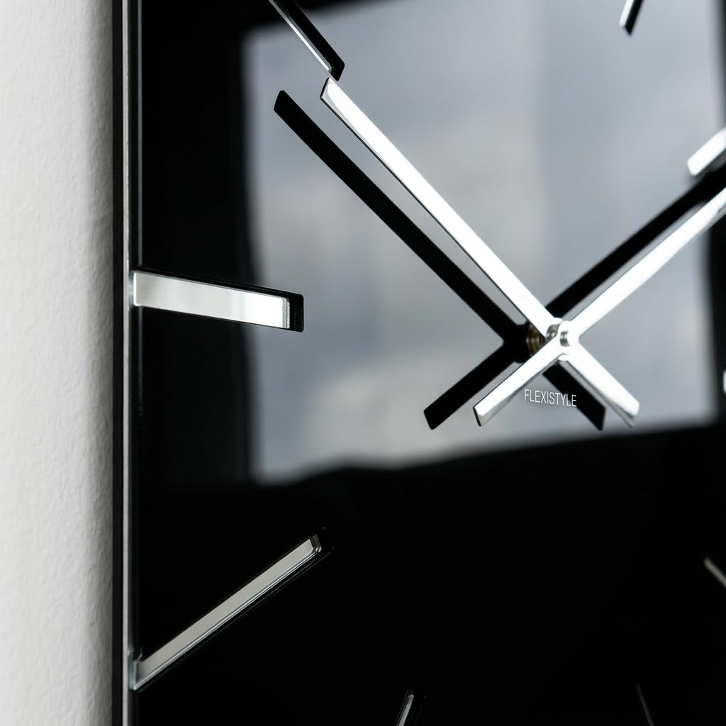 FLEXISTYLE Reloj de Pared Grande Negro Cuadrado Exact 50 cm, sin Ruido de tictac, Cristal acrílico y Espejo acrílico, Moderno salón, Dormitorio, baño