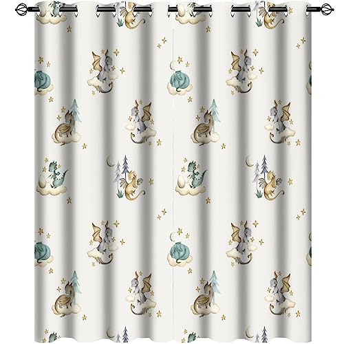 Image of Watercolor Cute Baby Dragon Curtains for Bedroom - Fantasy Cartoon Mid Century Woodland Dragon Window Drapes,Energy Saving Thermal Insulated Grommet Top Bedroom Blackout Curtains 45L x 21W,2 Panels