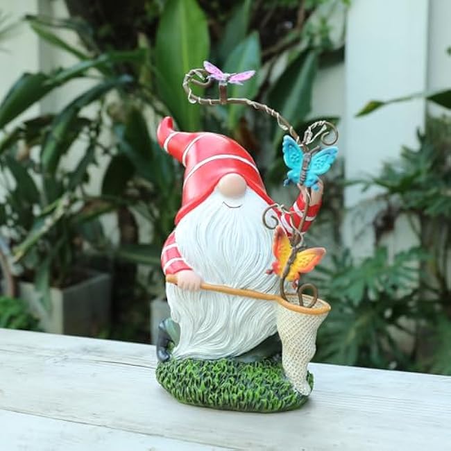 Garden Gnome Statue, Solar Funny Gnomes Figurine Catching Butterflies with LED Lights Waterproof Resin Outdoor Decor for Patio Lawn Yard Home Tabletop Decoration