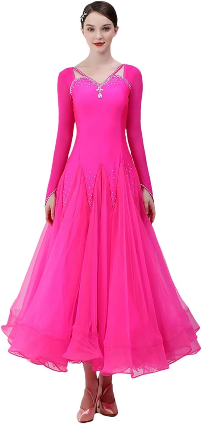 Vsadsau Women Gauze Stitching Rhinestones Ballroom Dance Competition Dress Waltz Dress Ball Gown