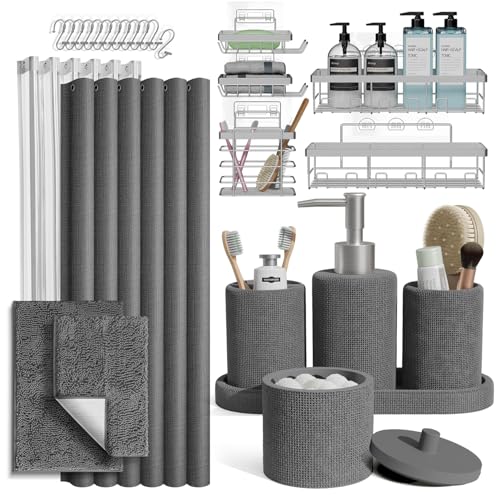 Clara Clark Grey Bathroom Set - Bathroom Sets with Shower Curtain and Rugs, 26PC Bathroom Accessory Set, Shower Curtain Set with Adhesive Corner Shower Caddy Hanging & Soap Dispenser