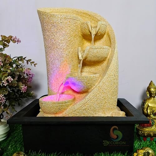 Image of Decorative Table Top Water Fountain for Home Decor /Office /Indoor & Outdoor /Garden /Puja Room /Vaastu with Multicolor LED Light and Adjustable Water Pump (Yellow-D-016)