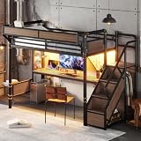 Bellemave Twin Size Loft Bed Frame with Desk, LED,Wardrobe,USB, Black