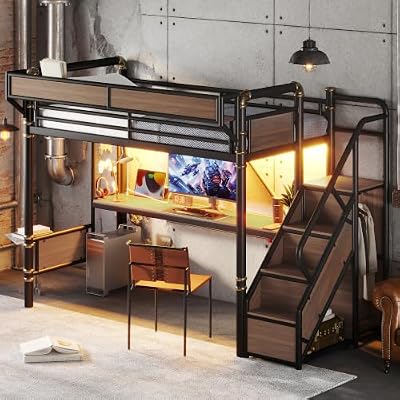 Bellemave Twin Size Loft Bed Frame with Desk, LED,Wardrobe,USB, Black