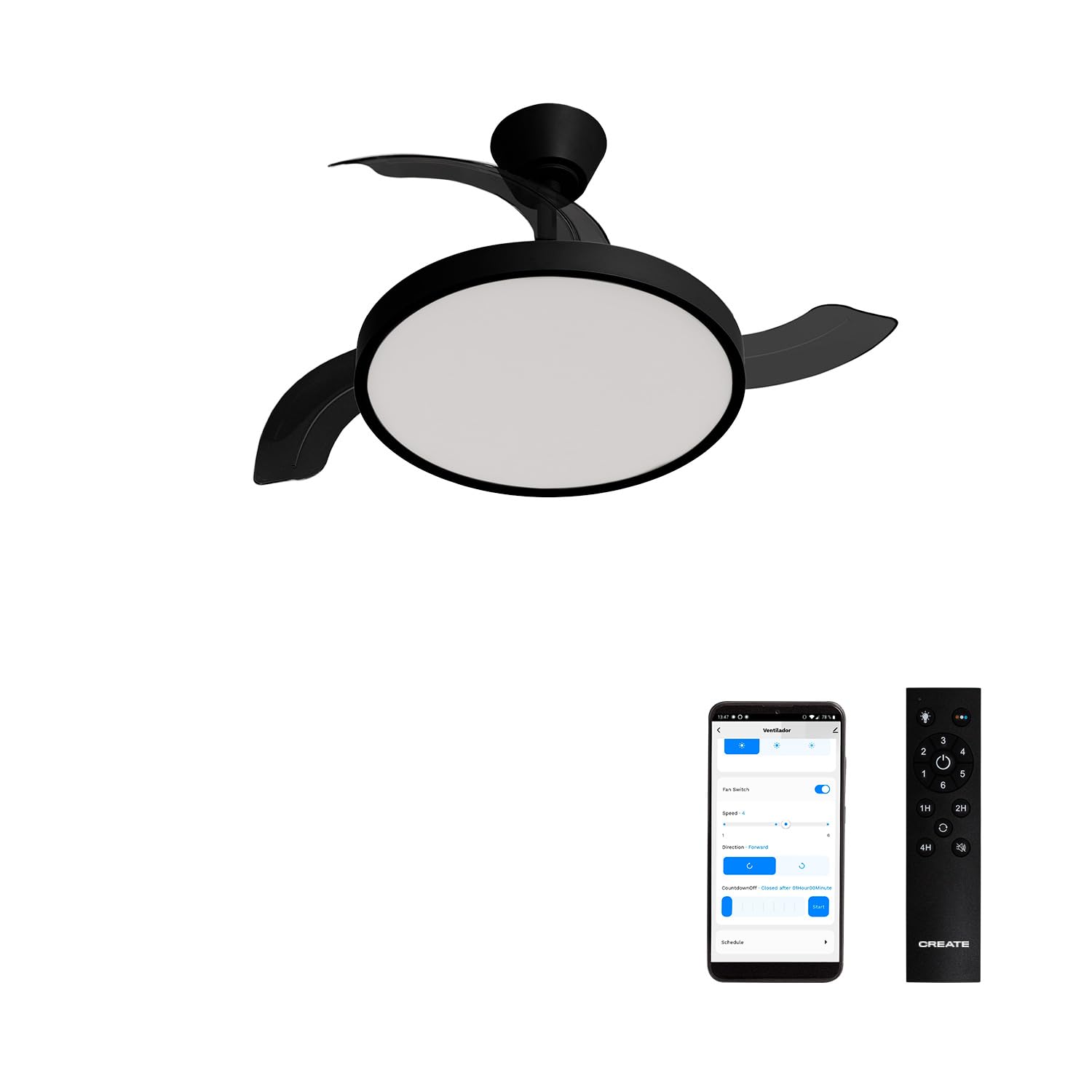 CREATE / WIND CLEAR S/Ventilador de techo con luz negro con mando y Wifi / 40W, Ø91 cm, temporizador, 6 velocidades, aspas retráctiles, 3 temperaturas de luz, función verano-invierno