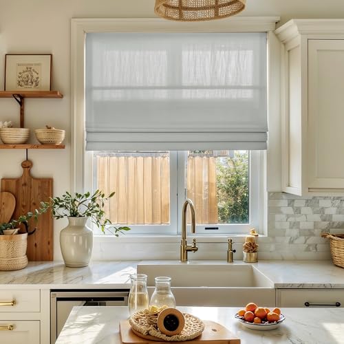 Image of TWOPAGES Isabella No Drill Cordless Roman Shade Linen Textured Cotton Roman Blind for Windows, Custom Made Room Darkening Blackout Roman Window Shade, Hardware Included, Light Gray, 1 Piece
