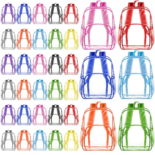 Image of Amylove 48 Pcs Clear Backpack bulk for Stadium Events Heavy Duty PVC Transparent Bookbag for College Workplace Security (15 Inches,Bright 10 Colors)