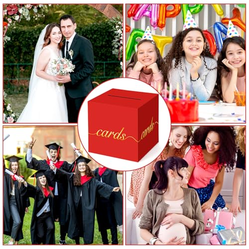 Image of Red Card Box Gold Foil Wedding Favors Gift Card Boxes Post Box Receiving Money Box Holder for Wedding Reception, Baby Showers, Anniversary, Birthday Party, Retirement, Graduation Envelope Holder