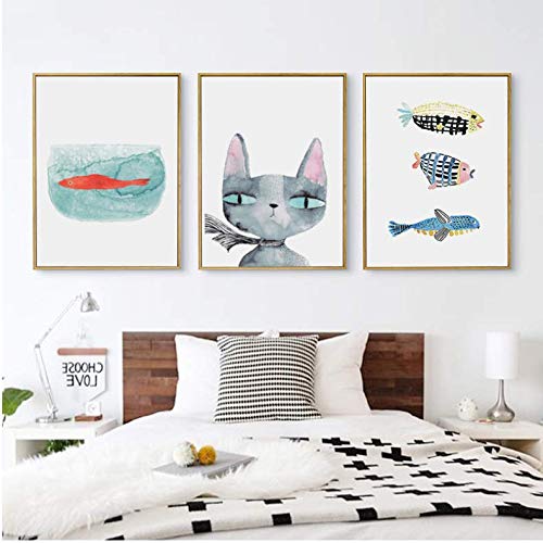 Affiche chat et poisson toile 50x70cm poster mignon pour décoration murale chambre enfant