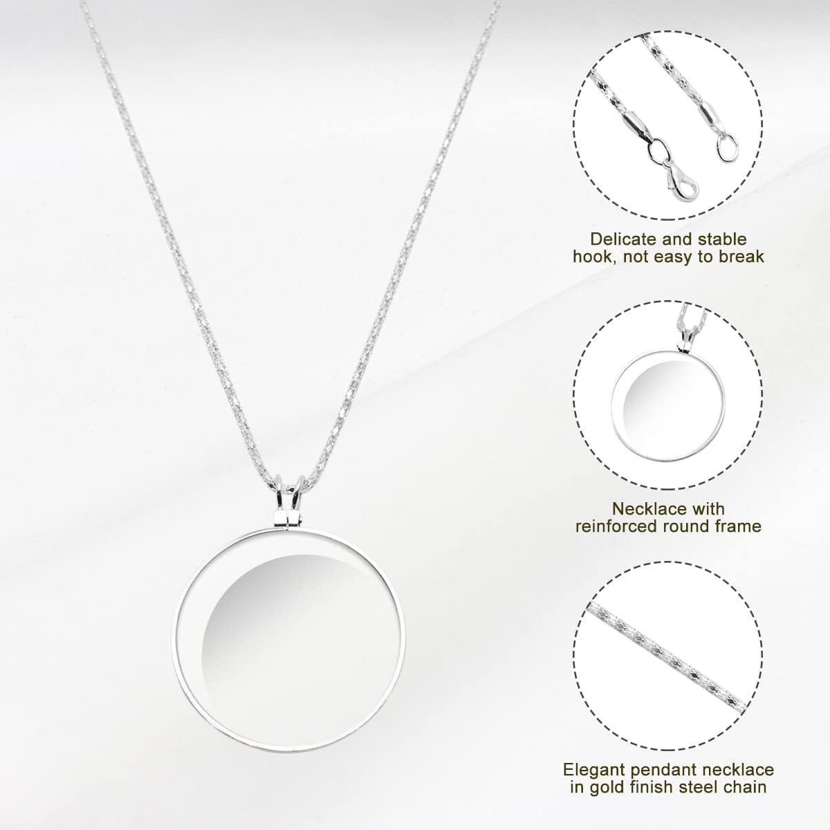 Necklace Magnifier 5X Hanging Loupe Pendant 1.6" Glass Lens Dia Magnifying Glass for Zooming Reading Crafts Needlework Jewelry (Silver)