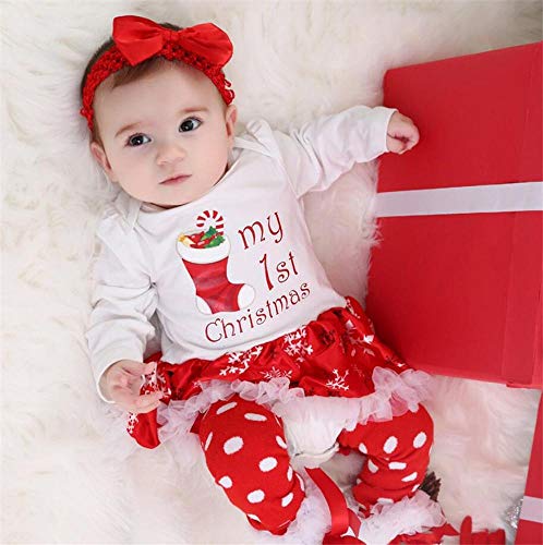 DIVISTAR Baby Meisje Kerst Jurk Peuter Outfits Lange Mouw Leuke Patroon + Hoofdband Stocking Schoenen Kleding - Afbeelding 3