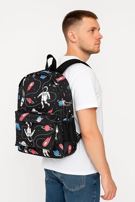 Image of Kids Backpack, Space Explorer Theme, Rocket Print, Black, School Bag for Boys