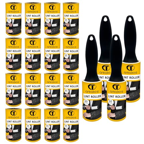 AiTodos® 1200 Hojas Rodillo Quitapelusas, 20 Rollos + 4 Mangos para Eliminar Pelos de Ropa, Sofás, Pelos de Gato, Pelos de Perro y Alfombras (60 Hojas/Rollo) Rodillo Quitapelos Mascotas