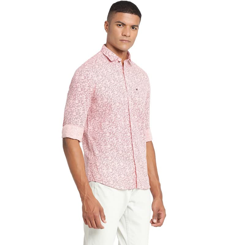 Image of Turtle Men Pink Cotton Linen Printed Slim Fit Casual Shirts