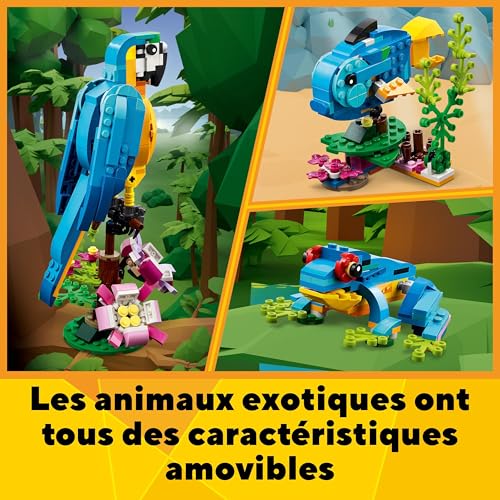 LEGO 31136 Creator 3-en-1 Le Perroquet Exotique, Jouet de Construction, Figurines Animaux de la Jungle, avec Grenouille et Poisson, Jeu Créatif Enfants Dès 7 Ans