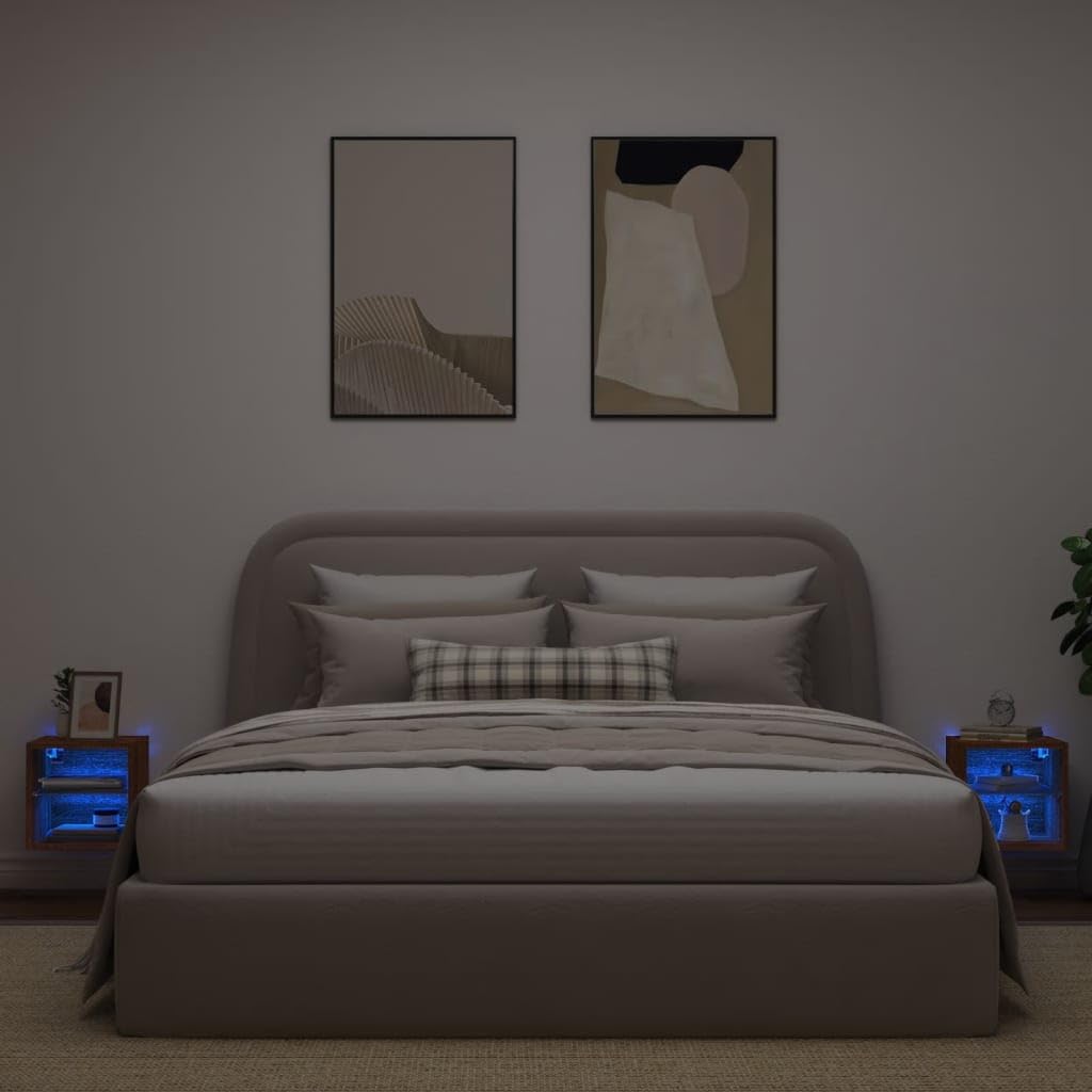 Ścienne szafki TV z LED RGB, 2 szt., brązowy dąb, 30x28,5x30 cm, wiszące z szklaną półką do przechowywania, do salonu lub sypialni
