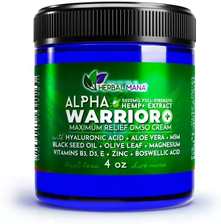 Herbal Mana Alpha Warrior with 5000mg Hemp & 99.9% Pure DMSO Cream - Maximum Strength MSM, Hyaluronic Acid Gel, Magnesium Oil Topical Hot Balm - Organic ICY Muscle Soothing - Bruise, Freeze Lotion