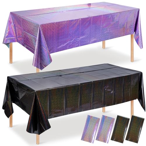 4 Pack Iridescent Black and Purple Plastic Tablecloth 54x108 Inch Holographic Laser Disposable Table Cover Rectangle Black and Purple Table Cloth for Halloween Holiday Birthday Party Decorations