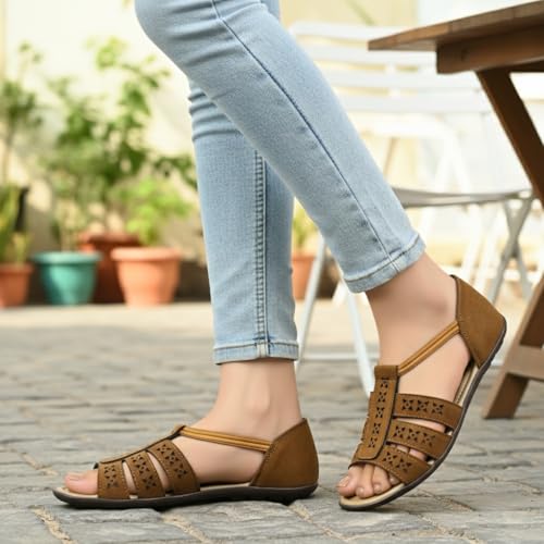 Image of Women's Flat Sole Trendy Sandal | Doctor Insole For Super Comfort & Durability | Perfect Arch Support | True Anti-Skid TPR Sole | Faux Lather Material | Lazer Cut Design | Fashionable & Trendy | Perfect Sandal for Casual or Semi-Casual