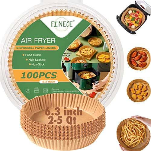 FINECE Air Fryer Liners Round, 100PCS for 2 to 5 Qt Air Fryer Disposable Paper Liner, 6.3 inch Unbleached Non-stick Oil-proof Parchment Paper